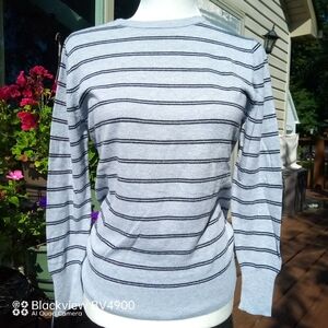 Worthington Women's Sweater gray with thin black stripes